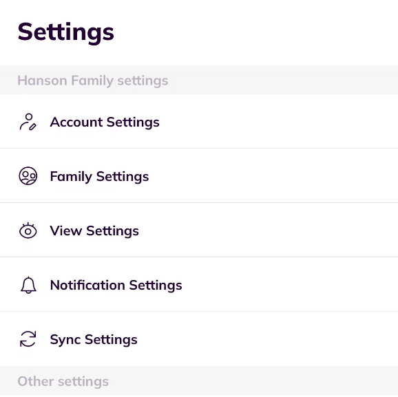 Cubbily sync settings entry